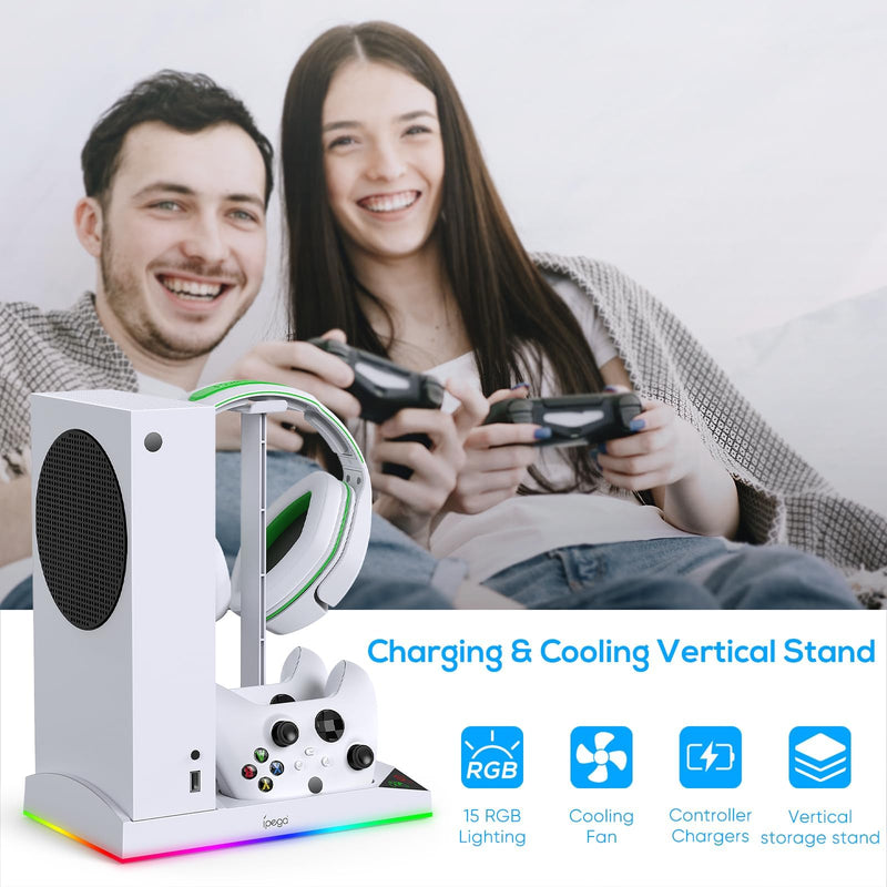 Upgraded RGB Cooling Fan Charging Station for Xbox Series S Console& Controller,Dual Charger Dock Cooler System Stand with 15 Colorful Light Modes Accessories with 2*1400mAH Rechargeable Battery,White White