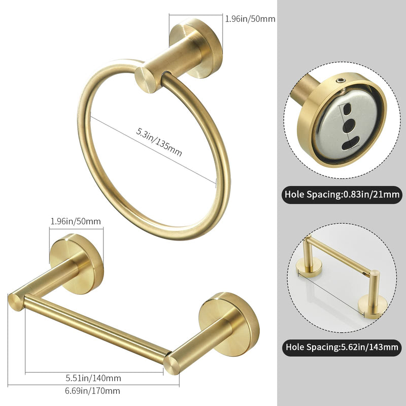 BATHSIR Brushed Gold Toilet Paper Holder & Hand Towel Holder Wall Mount 2 Pieces, Double Post Pivoting Round Modern Bathroom Hardware Towel Ring Toilet Tissue Holder, Bathroom Accessories Set Gold 1