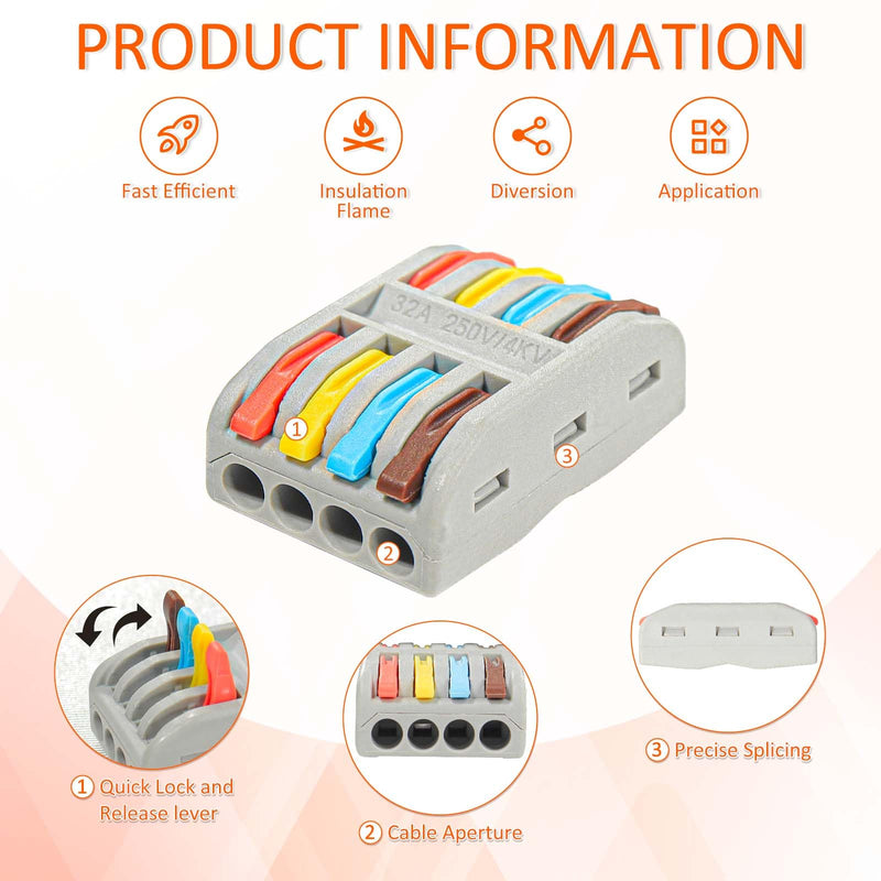 Wire Connectors Nuts, 30pcs 4 Conductor Compact Splicing Wire Connectors, 4 in 4 Out Lever Wire Nut, 4 Circuit Inline Splices 28-12 AWG PCT224-30PCS