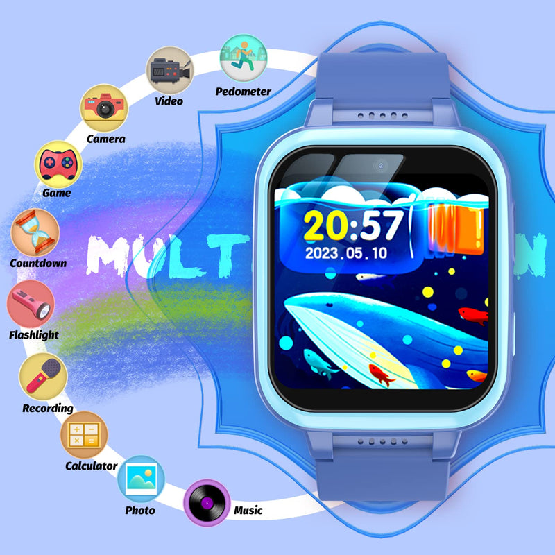 Kids Smart Watch with Puzzle Games HD Touch Screen Camera Video Music Player Pedometer Alarm Clock Flashlight Fashion Kids Smartwatch Gift for 6-13 Year Old Boys Girls Toys Blue