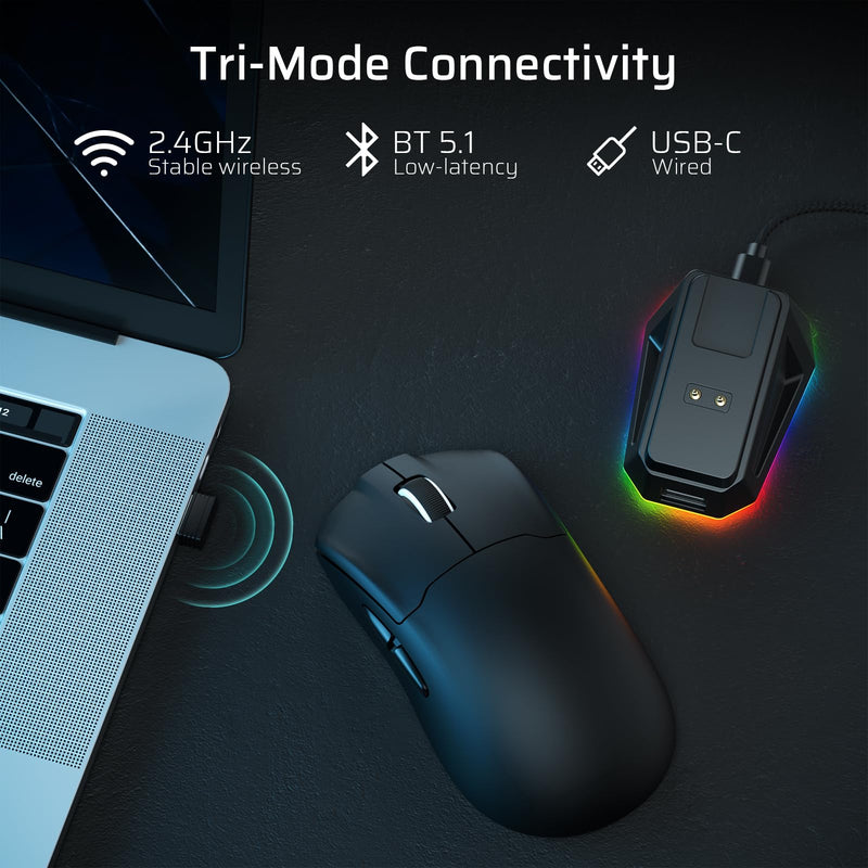 LTC GM022 Ultralight 3-Mode Wireless Gaming Mouse with RGB Charging Dock, PAW3395 26K DPI Sensor, 55G Lightweight Ergonomic Bluetooth Gaming Mouse, 5 Programmable Buttons, 80 Million Click Switch Black