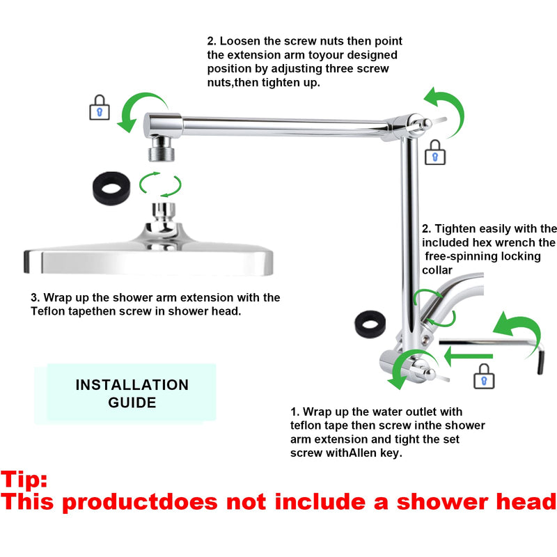 Shower Head Extension Arm, 16 Inch Solid Brass Adjustable Extender with Lock Joint, Height & Angle Adjustable Shower Arm for Rainfall or Fixed Shower Head, G1/2 Connector (Chrome) Chrome