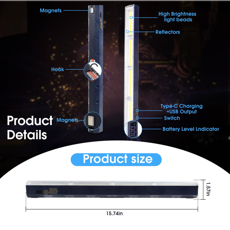 Magnetic Light BAR,15.75-inches 7500mAh 8000 Lumens Rechargeable Portable Lamp Built-in 216-LED Bulbs,with Handy Hook with 2 Magnets Endurance Blue 15.75"
