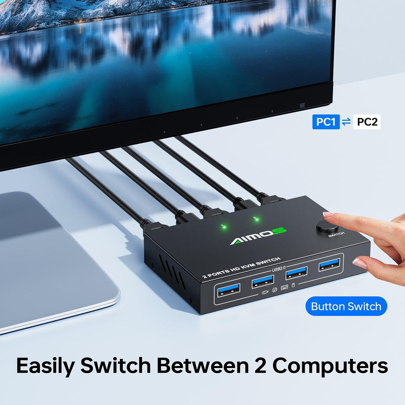 MLEEDA HDMI KVM Switch 1 Monitors 2 Computers 4K@60Hz,USB KVM Switches for 2 Desktops or Laptops Sharing Single Monitor and Keyboard Mouse Printer,Plug and Play,2 USB Cables Included