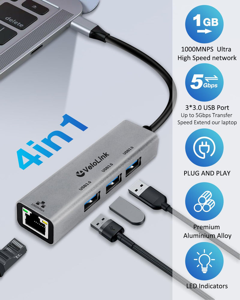 USB 3.0 Hub With Ethernet Adapter, 4-in-1 Gigabit Ethernet to USB Adapter for Laptop, PC, MacBook Pro, iPad Pro, and More Type A Laptops