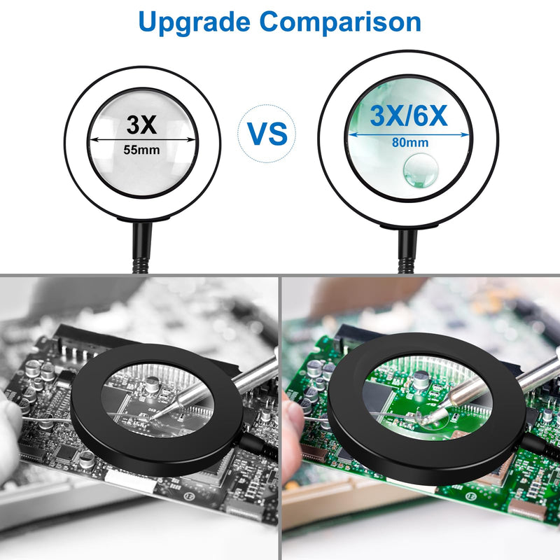 Magnetic third hand with 120mm magnifying glass, 6X & 3X magnifying glass with light and magnetic base, 50 LED, 6728lux magnifying lamp for helping hands/PCB holder/soldering station 4AB-USB-ZM