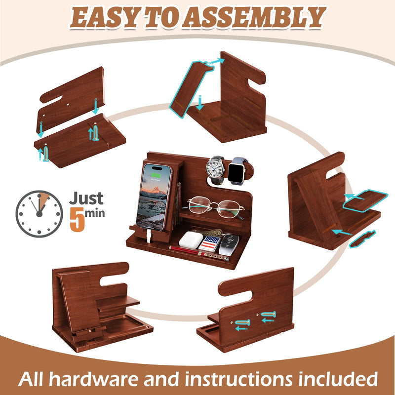 Wood Phone Docking Station - Nightstand Organizer for Cell Phone, Watch, Wallet - Birthday Gift for Dad or Husband Brown