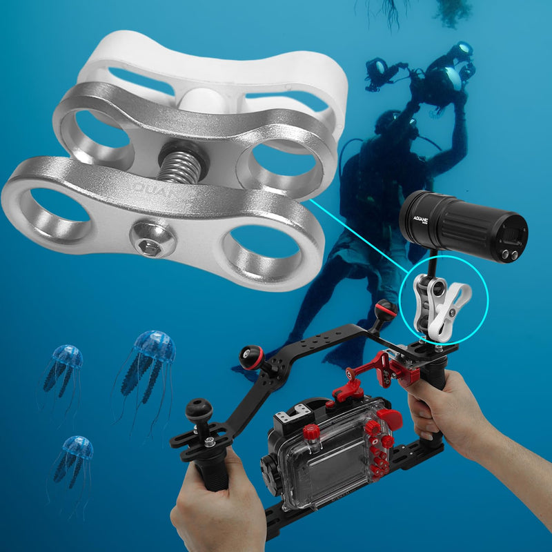 2PCS 1'' Standard Ball Clamp Mount,360°Clip Adapter Bracket for Underwater Diving Light Arm Tray System Photography Diving Camera Action Camera Flashlight Arms System,Silvery and White
