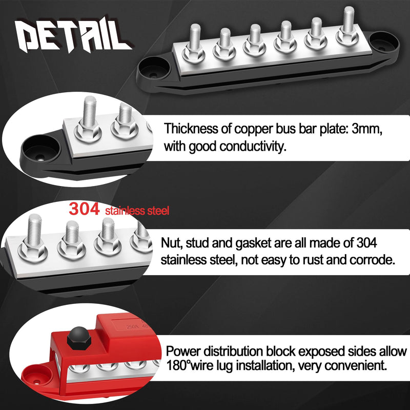 250A Bus Bar 12V Marine 6 x 1/4" (M6) Terminal Studs,12V-48V Power Distribution Block with Cover,Battery Bus Bar for Boat Automotive Car and Solar Wiring Type A