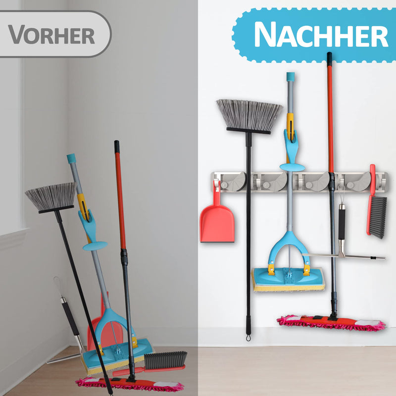 Space-saving tool holder for the wall - aluminum profile with 4 individually positionable brackets and 5 hooks [for brooms, garden tools, tools] - ideal in garage, workshop and garden 1