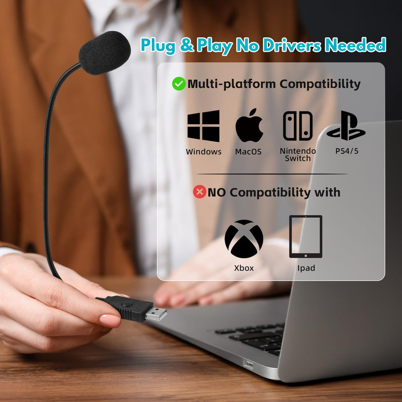 Mini USB Microphone for Laptop, External Desktop Computer Small Mic, Condenser Portable Mic with Gooseneck & Mute Button, Compatible With PC and Mac, Plug & Play, For Meeting, Call Voice (Black) Black
