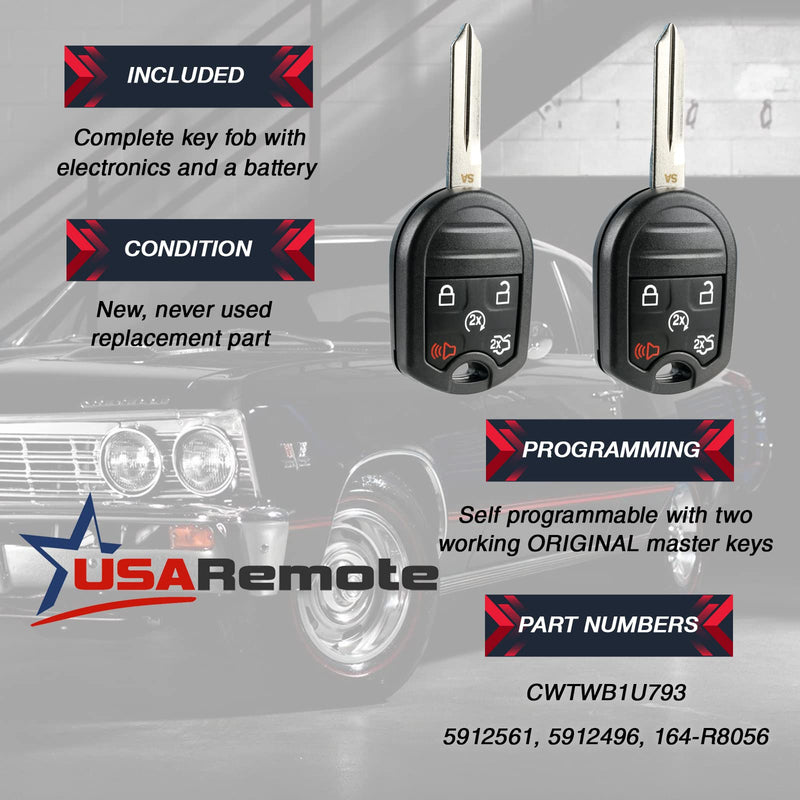 Car Key Fob Keyless Entry Remote Start fits Ford, Lincoln, Mercury, Mazda (CWTWB1U793 5-btn) - Guaranteed to Program 5-btn rs