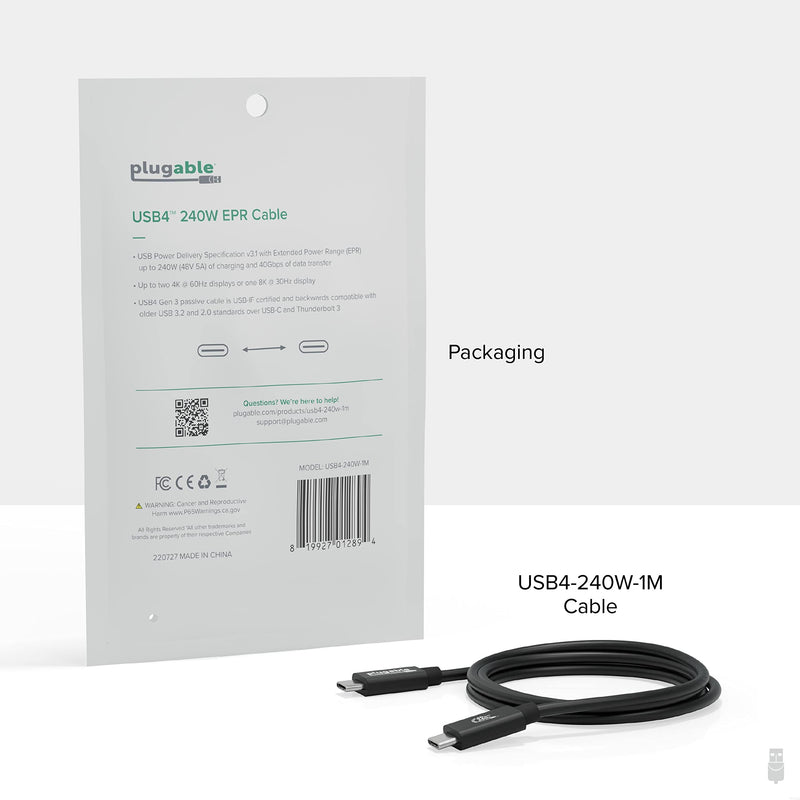 Plugable USB C Cable, 240W Charging Cable 40Gbps, 4K 120Hz, 8K 60Hz USB-C Monitor, iPhone, MacBook, iPad, Samsung Galaxy, 3.3 Feet (USBC-240W-1M) 1 meter