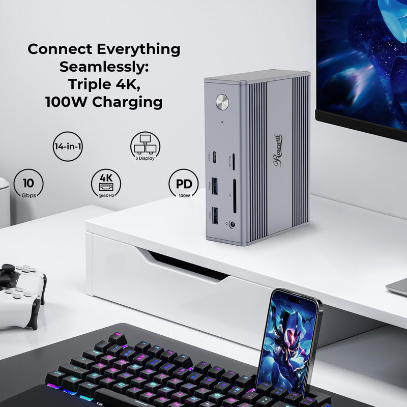 Rosewill 14-in-1 USB C Laptop Docking Station, 100W PD Charging, 4K@60Hz Display, Triple 4K Display HDMI,10Gbps Transfer & Ethernet, Mac, Android, Windows/Dell/HP/Lenovo/Asus/Acer/ (Include Charger)