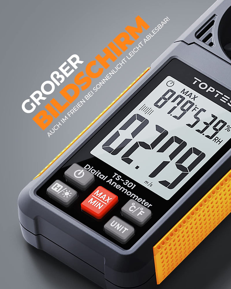 TopTes TS-301 Digital Wind Gauge with 2.26 Inch LCD Screen Anemometer Handheld Backlight Wind Speed Meter Gauge, Precise Measurement of Wind Speed for HVAC Sailing/Surfing/Drone orange