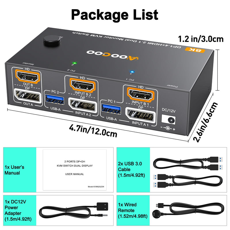 Dual Monitor KVM Switch 2 Port 8K@60Hz 4K@144Hz HDMI+DP USB 3.0 Switch Extended Display 2 Monitors 2 Computers with USB 3.0 Cables Wired Controller