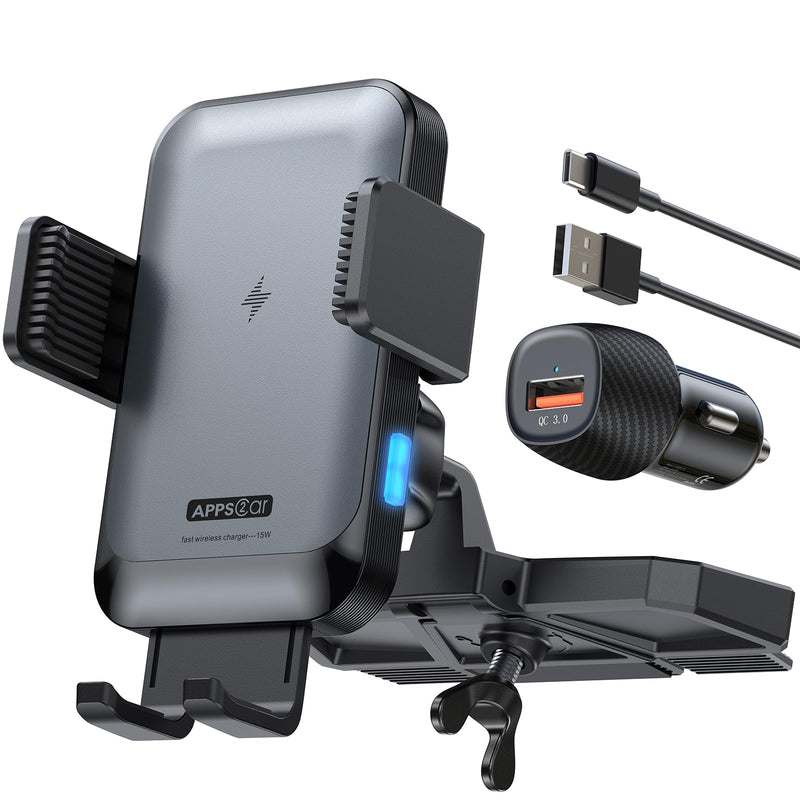 APPS2Car Wireless Car Charger Mount CD Slot Auto Clamping 15W Fast Charging CD Phone Holder for Car Wireless Charger Fit for iPhone 17 16 15 14 13 12 Pro Max, Samsung S25 S24, Google, LG etc.