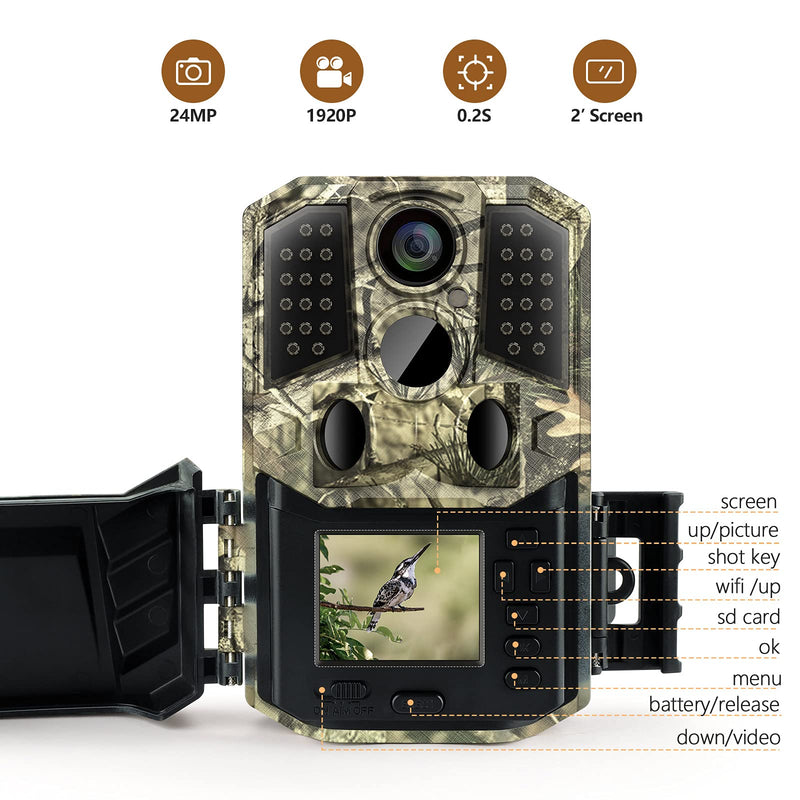 Trail Camera 24MP 1920P HD, Hunting Game Camera 0.2s Trigger Time 3 Infrared Sensors ,Deer Camera with 120° 80ft Motion Activated Waterproof for Outdoor Wildlife Monitoring Home Security, 2” LCD Camo