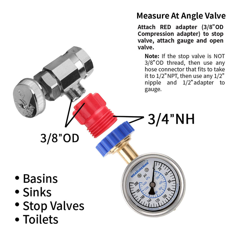 MEASUREMAN 2-1/2" Water Pressure Gauge Kit 6 Parts Kit, Lead-Free Brass, 2-1/2" dial, 0-200 Psi，Glycerin Filled,3/4" Hose Thread, Plus 5 Adapters Integral Stainless Steel Case(7in1)