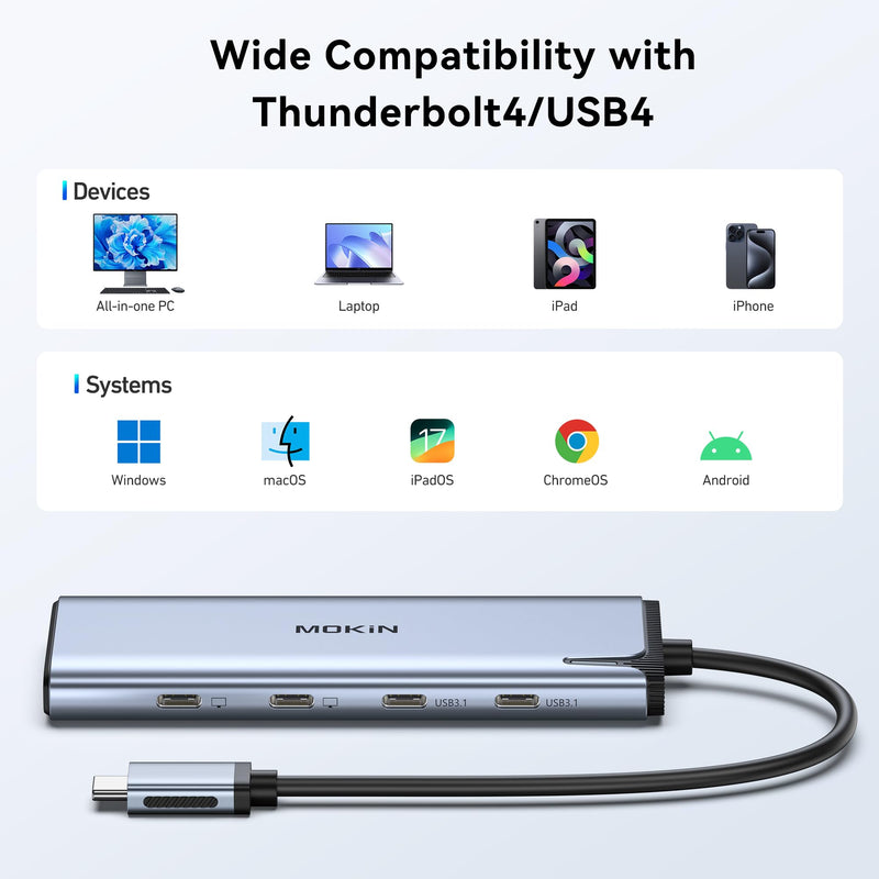 USB C to USB C Hub Dual Monitor, USBC Splitter with 4K@60Hz DP Alt Mode Video Output, 10Gbps Data Transfer, 100W PD Charging, Dual Monitors Adapter for Laptop, Portable Monitor and More Type C Devices Grey
