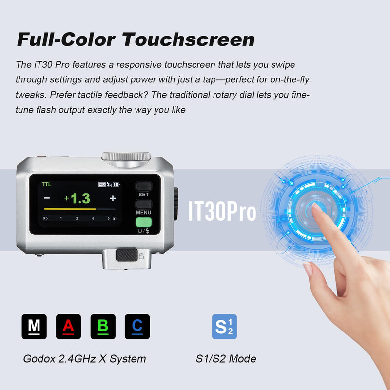 GODOX IT30Pro S TTL Mini Flash Kit Portable IT30ProS with White Diffuser for Sony 2.8" Full-Color Touchscreen Speedlite HSS 1/8000s 2.4G Wireless X System Trigger for Godox Flash(Silver) IT30P-S Silver