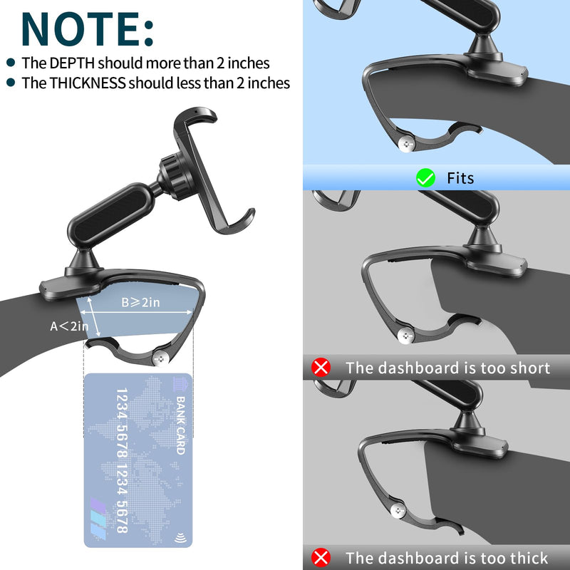 Multifunctional Car Dashboard Mobile Phone Holder, 360 Degree Rotation Universal Dash Clip Cellphone Mount for 4-7 inch Smartphones (Black) Black