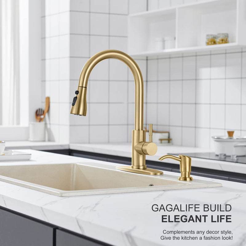 GAGALIFE Built in Sink Soap Dispenser or Lotion Dispenser for Kitchen Sink, Brushed Gold ABS Pump Head, with 17 Ounce Large PET Soap Bottle Gold Brushed