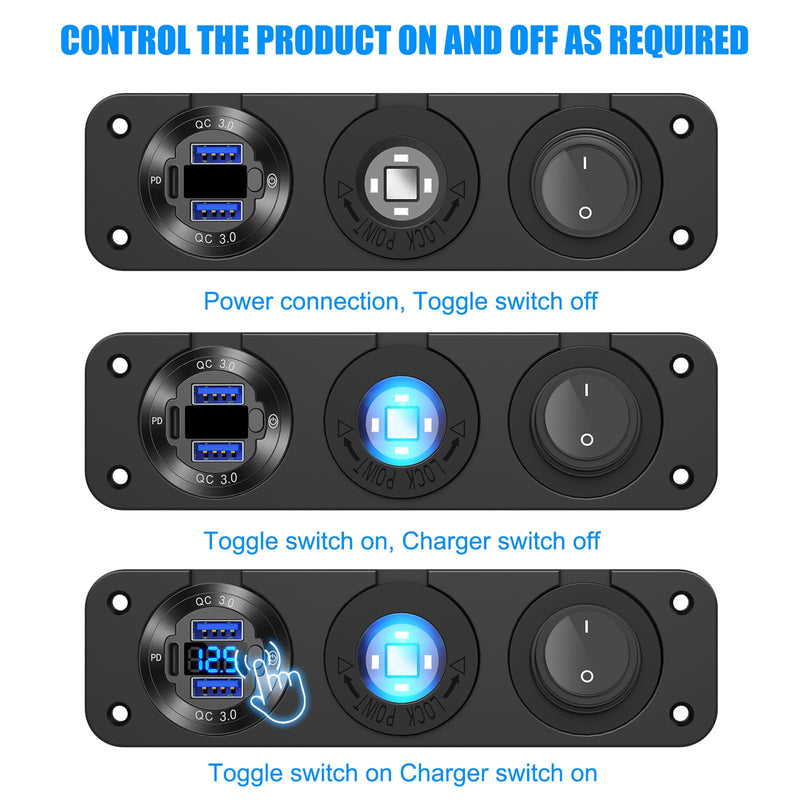 12V USB Outlet Boat Accessories Marine Switch Panel Plug, PD3.0 and Dual QC3.0 USB Ports Aluminum Car Charger with Voltmeter, Lighted 150W Cigarette Lighter Socket and Toggle Switch 3 in 1 DIY Kit