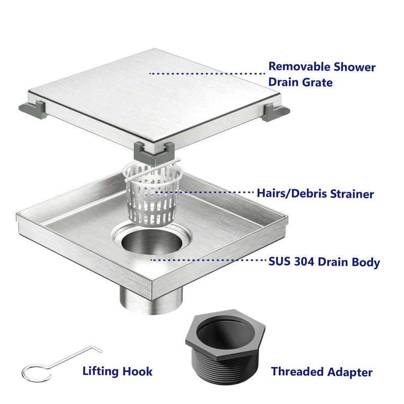 Neodrain 6" Tile Square Shower Drain with Removable Tile Insert Grate,304 Stainless Steel Tile Square Drain, CUPC Certified, Hidden Drain Easy to Clean(Brushed, 6 in) Brushed