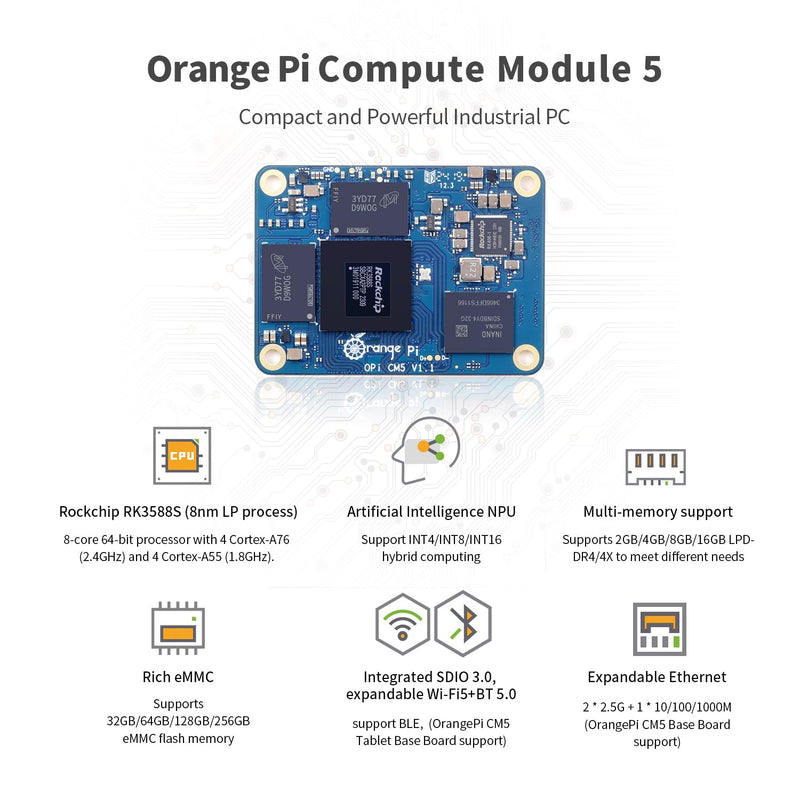 Orange Pi CM5 Core Board 4GB/8GB/16GB LPDDR4/4x Rockchip RK3588S with 32GB eMMC, Orange Pi CM5 Single Board Computer Run Linux/Ubuntu/Debian/Android OS (4GB)