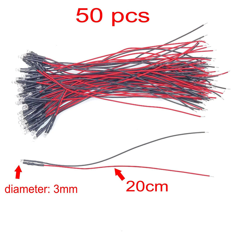 JZK 50 pieces 12V 3mm white LED diodes with wire, LED diode light 3mm, ultra bright 12V light diodes 3 mm with 20cm cable