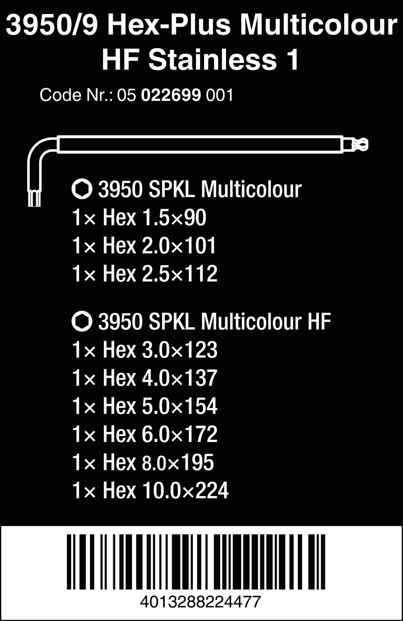 Wera - 05022699001 - L-key set, 3950/9 Hex-Plus Multicolour HF Stainless 1 L-key set, metric, stainless steel, with holding function, 9 pieces Classic