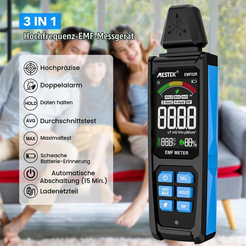 EMF Meter MESTEK 5-in-1 EF/MF/Radio Frequency EMF Meter, Electromagnetic Fields High Frequency Field Radiation Meter with Digital LCD Rechargeable for Home, Office and Outdoor Use black and blue