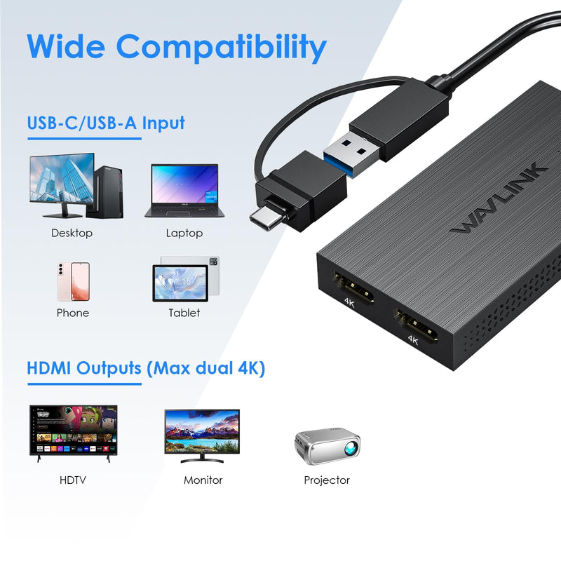 WAVLINK USB 3.0 & USB C to Dual HDMI Adapter 4K 60Hz for Dual Monitor, DisplayLink USB C HDMI Adapter for Apple Mac M1/M2/M3, Windows 10/11, ChromeOS, Android, HarmonyOS (No Linux/iPad/iOS/HDCP)