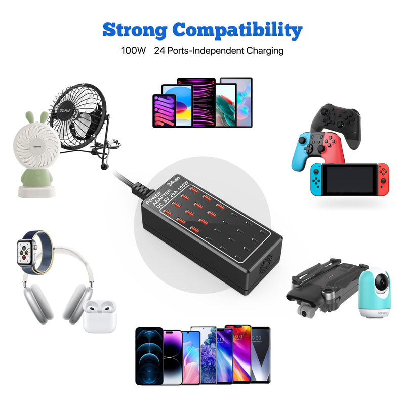 USB Charger 24 Ports, USB Charging Station 24-Port 100W(20A), USB Charger Block, 12 USB A & 12 USB C Ports fast Charger Desktop, Multi-Function Smart Charger for Apple iPhone iPad Samsung Laptop Pixel