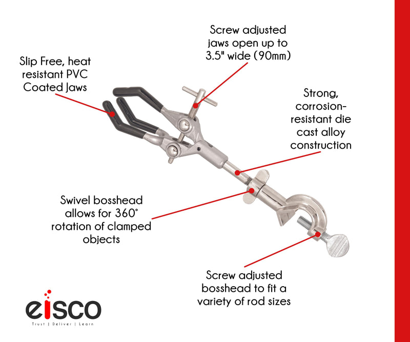 EISCO CH0688 Labs Clamp Retort, 3 PVC Coated Prongs (Opens to 90mm in Dia.) with Boss Head (Pack of 2) 2 Pack