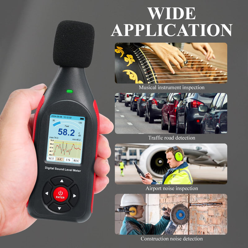 Decibel Meter, Data Logger, Digital Sound Decibel Meter, Sound Level Meter with 43,000 Records and Export, Rechargeable Noise Meter with A/C Frequency and DC Output with Alarm
