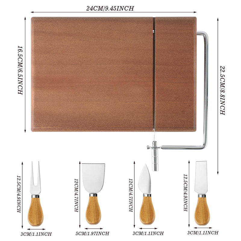 YLOLUL Replaceable Wire Cheese Slicer with Board Tightness Adjustable Cheese Slicer Wood Cheese Cutter and Cutting Board 9-1/2"x6-5/8" with 4pcs Knives Set for Block Cheese, Easy to Replace Acacia Wood