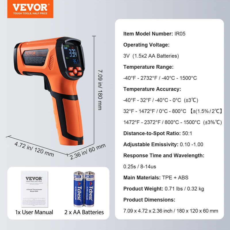 VEVOR Infrared Thermometer IR 50:1 Pyrometer -40°C to 1500°C Laser Temperature Meter 180 x 120 x 60 mm Temperature Meter Non-Human Body Thermometer for Cooking/Barbecue/Freezer/Industry