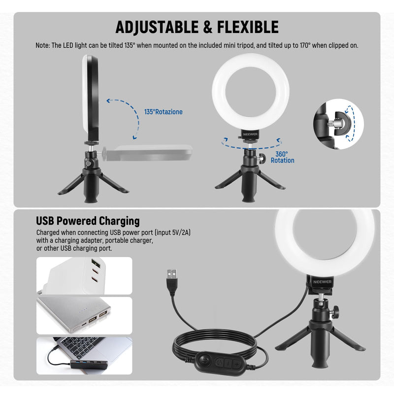 NEEWER BASICS 5" Ring Light for Video Conference Lighting, 2 Pack Clip on Light Kit with Desk Tripod Stands for Monitor Laptop Computer Zoom Call Live Streaming Recording Remote Working Learning, BR60