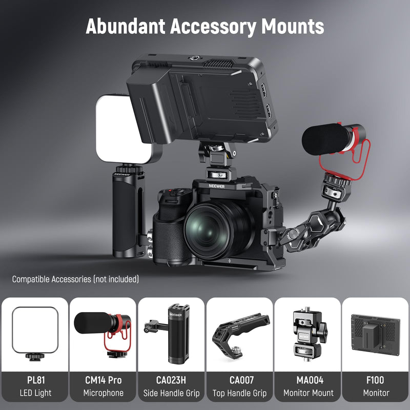 NEEWER X-S20 Camera Cage, Full Access Protective Metal Video Rig with Grip, NATO Rail, 3/8" ARRI, Cold Shoe, Anti Twist Arca Type Base Compatible with Fujifilm X-S20 DJI RS2 RSC2 RS3 Pro Gimbal, CA043