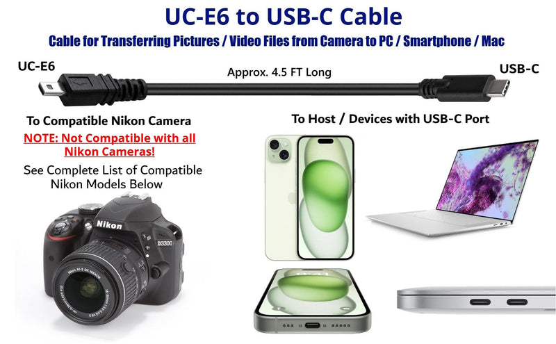 UC-E6 to USB-C Photo Transfer Charge Cable for Select Nikon Coolpix/DSLR Cameras Compatible with PC, iPhone 15, Smartphone, MacBook with Type C USB (See Product Details, Pictures Before Buying)