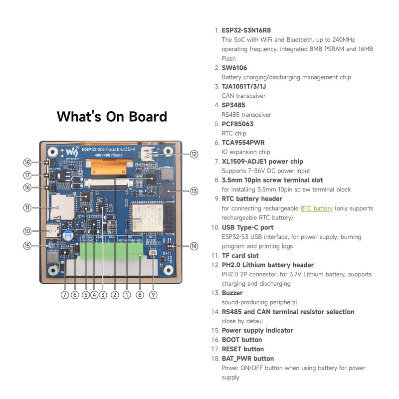 Waveshare ESP32-S3 4inchCapacitive Touch Display, V2 Update Version, 480x480, 5-Point Touch, 32-Bit LX7 Dual-Core, 240MHz, WiFi & Bluetooth, Onboard Antenna