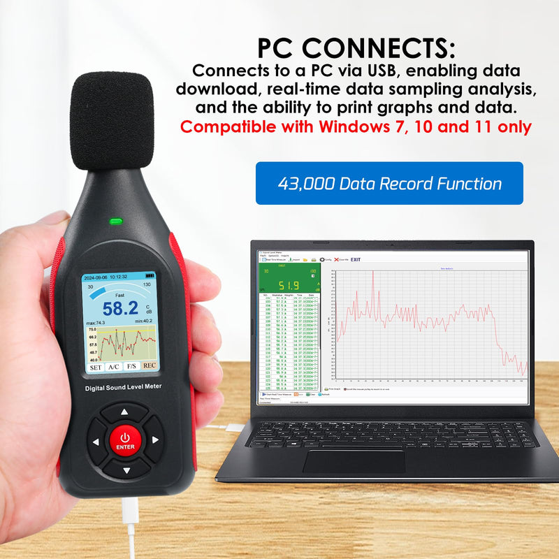 Decibel Meter, Data Logger, Digital Sound Decibel Meter, Sound Level Meter with 43,000 Records and Export, Rechargeable Noise Meter with A/C Frequency and DC Output with Alarm