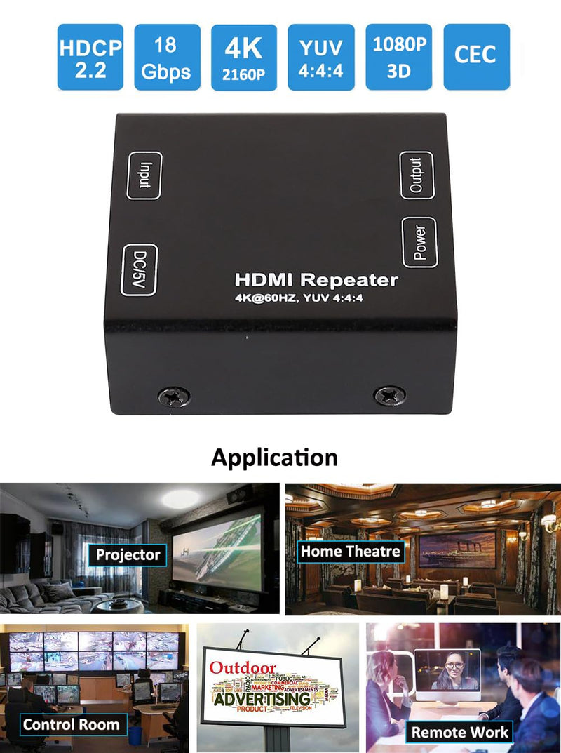DTECH HDMI Signal Amplifier Booster Repeater 4K 60Hz YUV 444 18Gbps 1080P HDCP 2.2 CEC 3D 4K2K Extender Boost up to 164 Feet Compatible with VR TV Box Blu-ray Player HDTV Monitor Projector