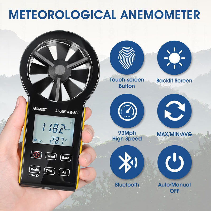 AIOMEST 6000WM-APP Digital Anemometer Handheld Wind Meter Wind Meter CFM Wind Speed Meter with MAX/MIN/AVG for Wind Speed Temperature Wind Chill Tester, HVAC