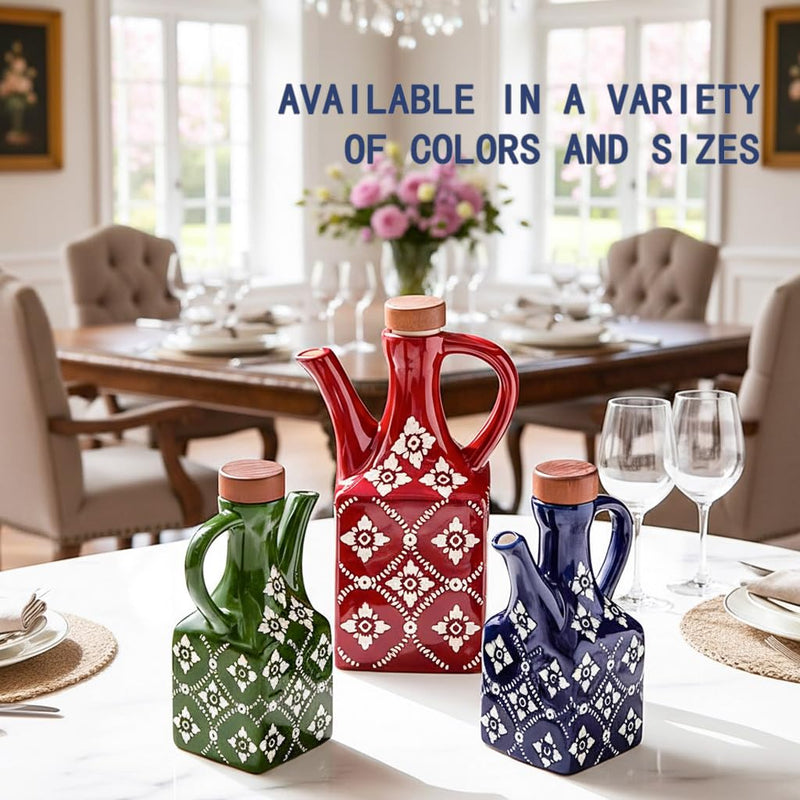 Ceramic Olive Oil Dispenser Bottle 8.5 oz – Decanter for Kitchen with Handle & Wooden Stopper, Decorative Oil and Vinegar Dispenser Set, Cooking Oil Container Cruet for Olive, Avocado, Vinegar, Jar BLUE - 8.5 oz