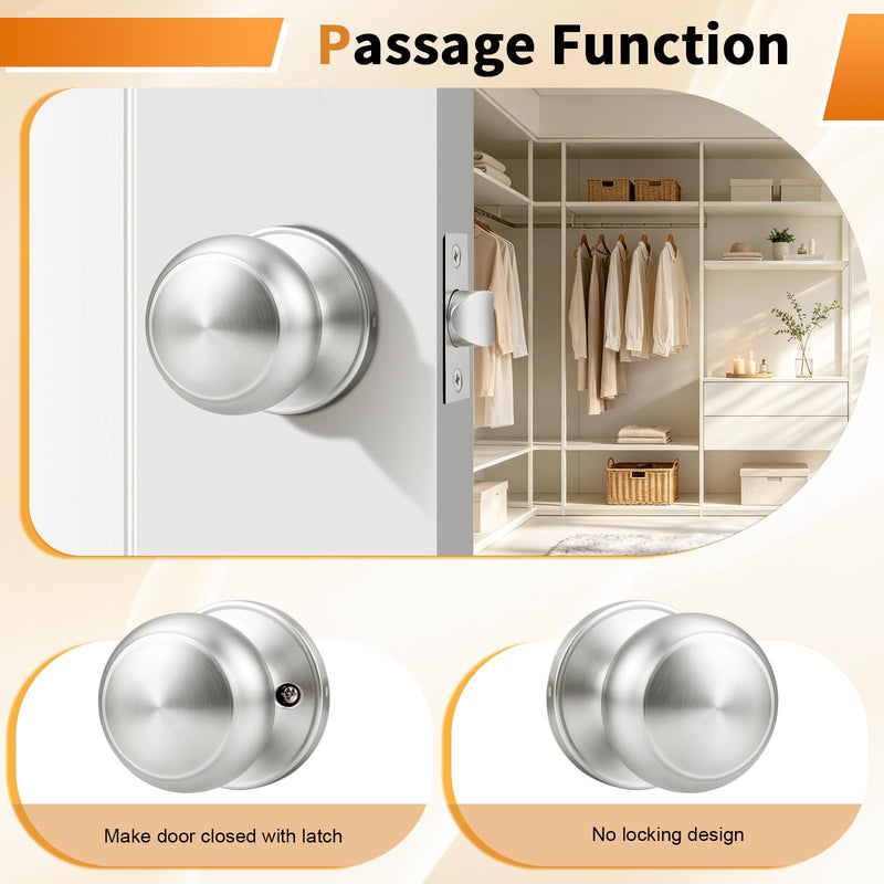 Probrico Door Knob Brushed Nickel Finish, 2 Pack Interior Door Handles with Round Rosette, Classic Colonial Knob Passage Function for Closet Hallway