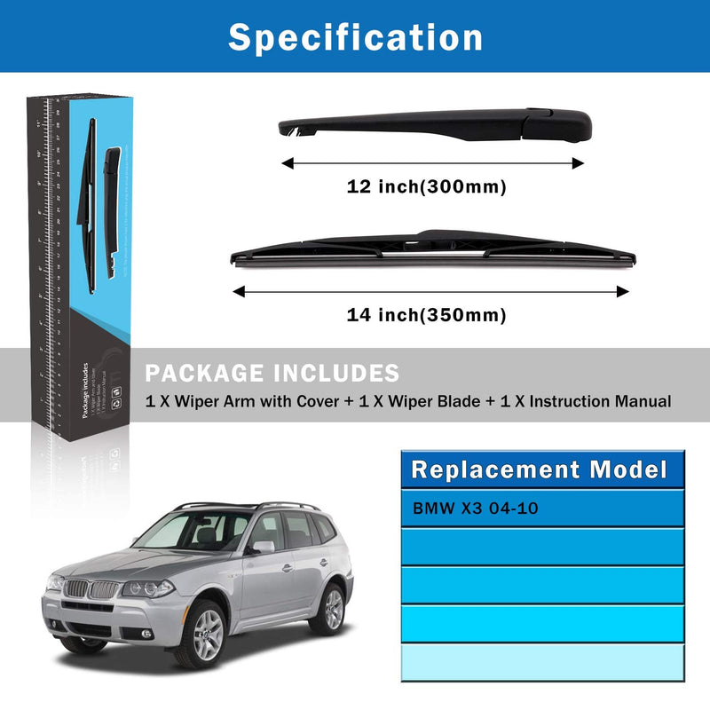 WTI Rear Wiper Arm Blade Set Compatible With BMW X3 E83 2003-2010 SUV Rear Windshield Window Wiper Kits Assembly New Replacement Accessories Parts Fit 61623400708