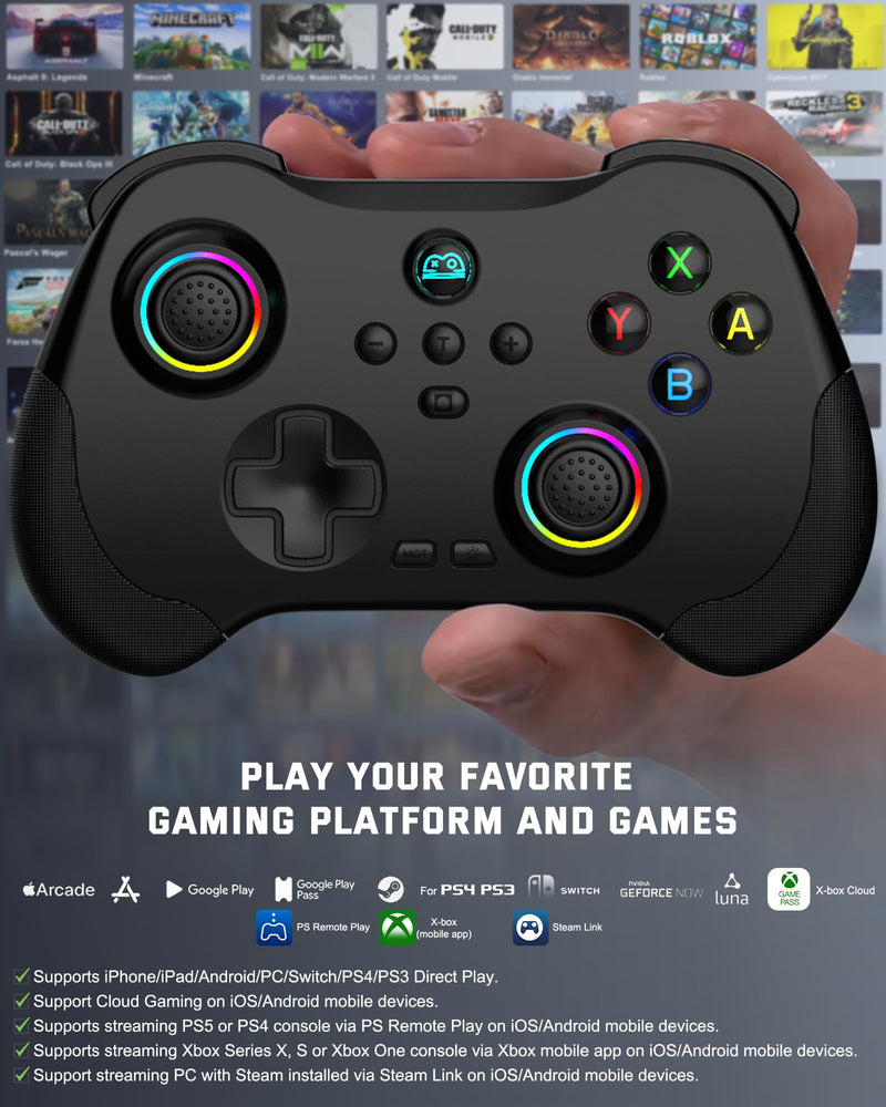 Joso Mobile Gaming Controller for iPad/iPhone/Tablet, Cloud Controller Remote Joystick for iOS/Android, Wireless Switch Controller with Macro Buttons/Hall-Rocker/Hall-Trigger - Black